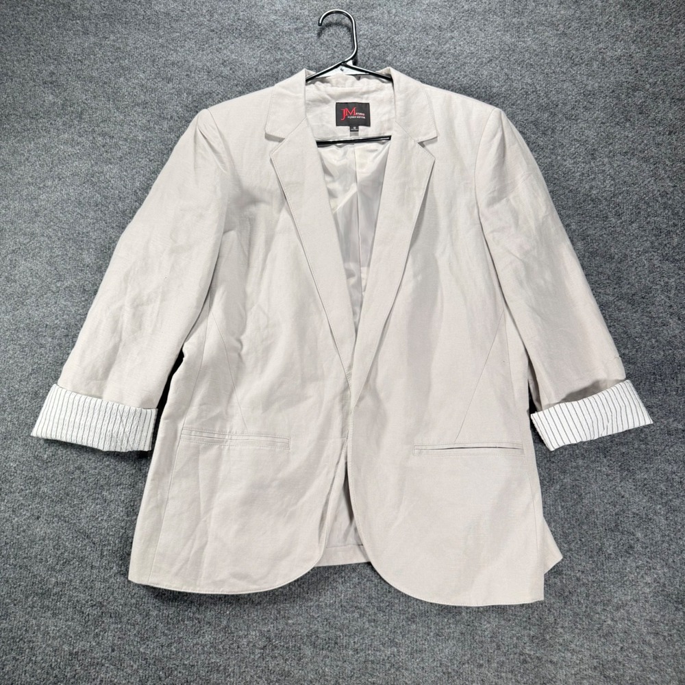 JM Studio John Meyer Linen Blazer Jacket Beige Striped Cuff 12 Womens Oatmeal L
